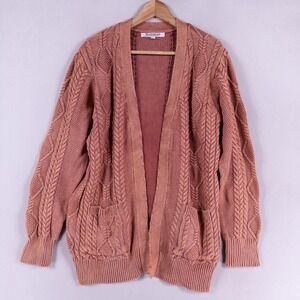 NorthStyle Cardigan Sweater Womens Large Pink Orange Cable Knit Cotton Cabin